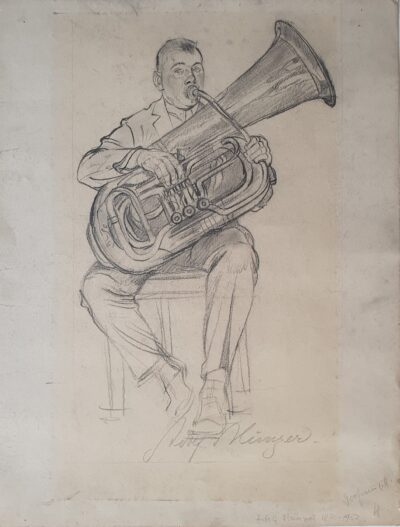 "Village music", teckning, Adolf Münzer, man med tuba