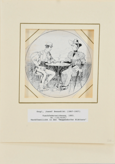 Beim Café, 1893 | Federzeichnung von Josef Benedikt Engl