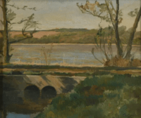 Fluss mit Brücke | Gemälde von Eiler Carl Sörensen