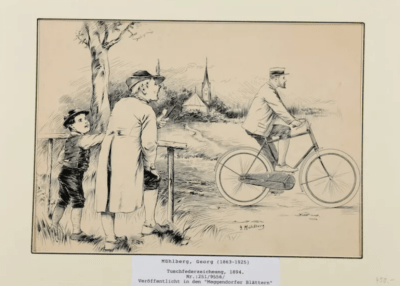 ⁦Fahrradfahrer und Passanten, 1894 | Federzeichnung von Georg Mühlberg⁩ - الصورة ⁦6⁩