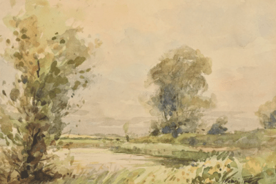 Französische Landschaft mit Flusslauf | Aquarell von Henri Prost