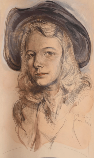 Dame mit Hut - Porträt, 1947 | Aquarellierte Bleistift-Zeichnung von Armin Meyer