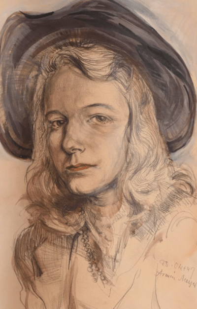 Dame mit Hut - Porträt, 1947 | Aquarellierte Bleistift-Zeichnung von Armin Meyer - 图片 3