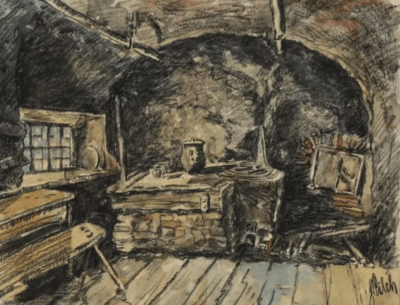 Rustikales Interieur | Kohlezeichnung aquarelliert von Hubert Pilch – Bild 2