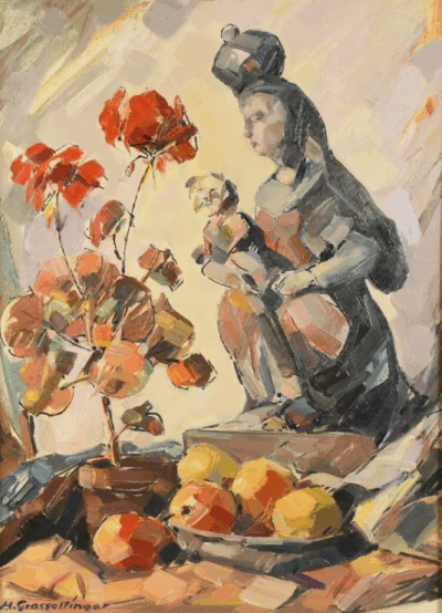 Obststillleben mit Madonnenfigur | Gemälde von Hermann Grosselfinger