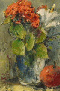 Blumenstillleben mit Apfel, 1980 | Gemälde von Carl Dörrbecker