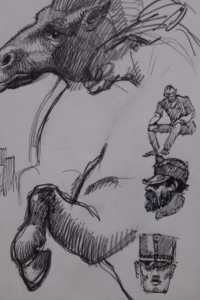 Pferde und Personen | Zeichnung/Studie | Gemälde von R. Fugger