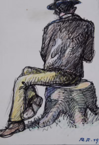 Sitzender Mann, 1974 | Zeichnung | Gemälde von R. Fugger