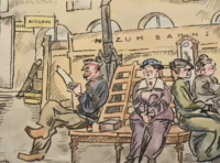 Am Bahnhof, 1945 | Aquarellierte Tuschezeichnung von Hugo Frank, Meggendorfer Blätter