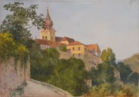 Ortsansicht mit Kirchturm | Gouache von Rudolf Hammel