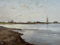 Ansicht Ufer und Segelboot | Gemälde von Theodor Her (attr.) [AST]