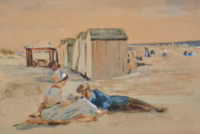 Am Strand, 1916 | Kleines Aquarell Monogramm E.S.