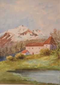 Alpine Landschaft mit Kloster | Aquarell von Franz Hoffelner