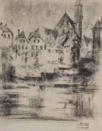 Häuser am Wasser | Kohlezeichnung | mit Nachlassstempel