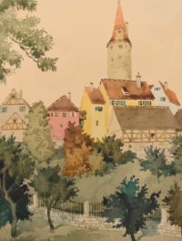 Stadtansicht mit Turm, 1938 | Aquarell von Karl Purrmann